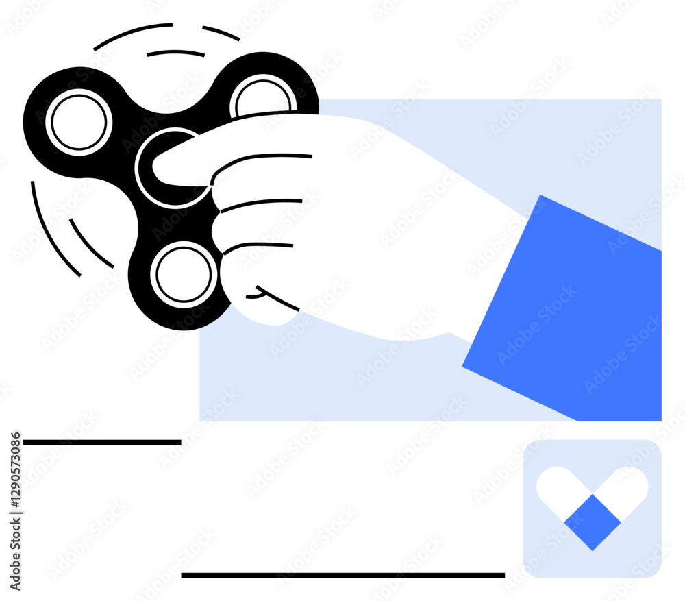 Hand holding a spinning black fidget spinner with motion lines, signifying focus and stress relief. Ideal for productivity, mindfulness, relaxation, stress management, mental health, innovation Hand holding a spinning black fidget spinner with motion lines, signifying focus and stress relief. Ideal for productivity, mindfulness, relaxation, stress management, mental health, innovation