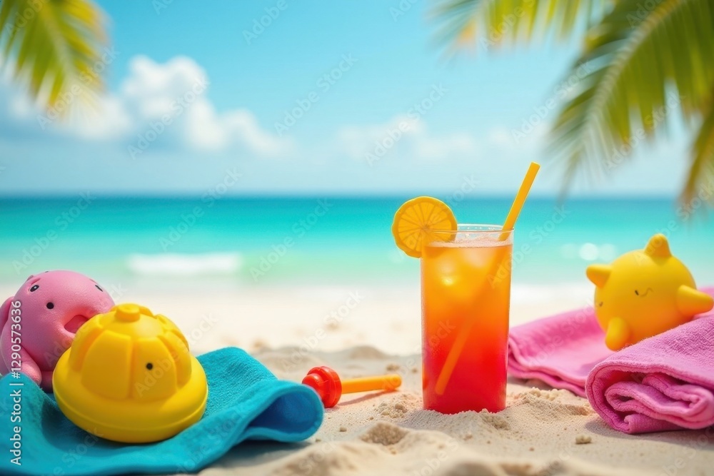 Kids' beach toys, vibrant towels, family-style drinks, vacation, island Kids' beach toys, vibrant towels, family-style drinks, vacation, island