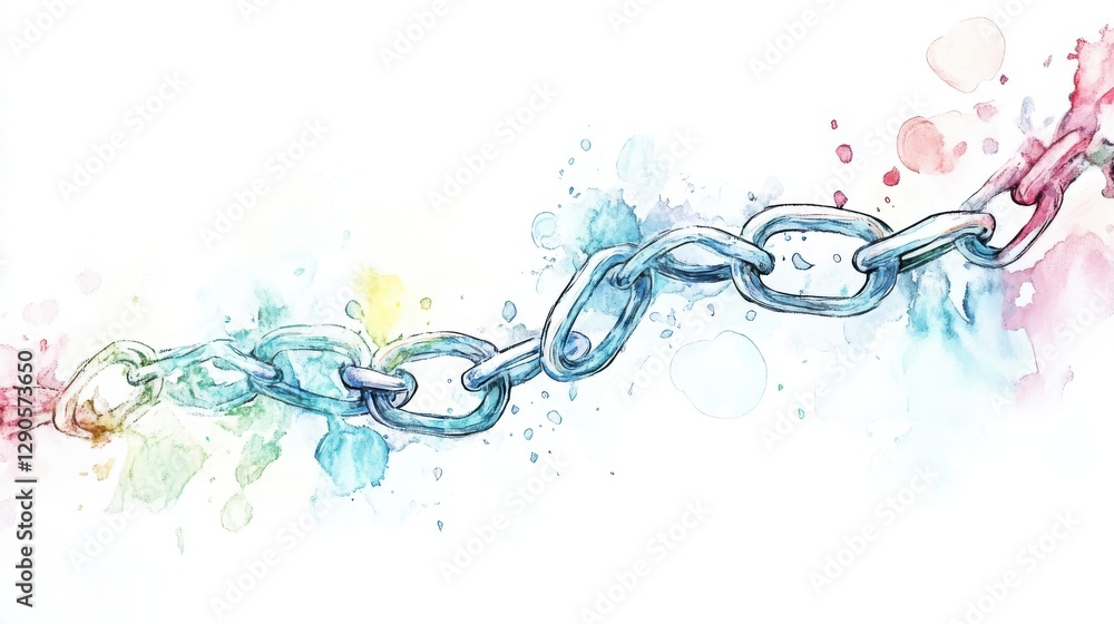 A vibrant watercolor illustration of a broken chain, representing freedom and liberation, with splashes of color enhancing its significance. A vibrant watercolor illustration of a broken chain, representing freedom and liberation, with splashes of color enhancing its significance.