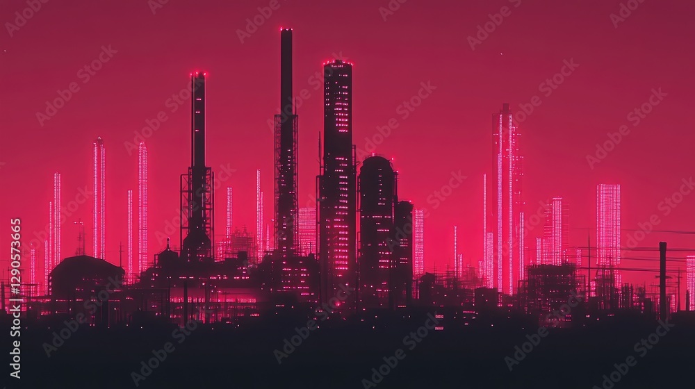 Fototapeta premium High-rise factory structures in bold silhouette standing against a pink neon city glow