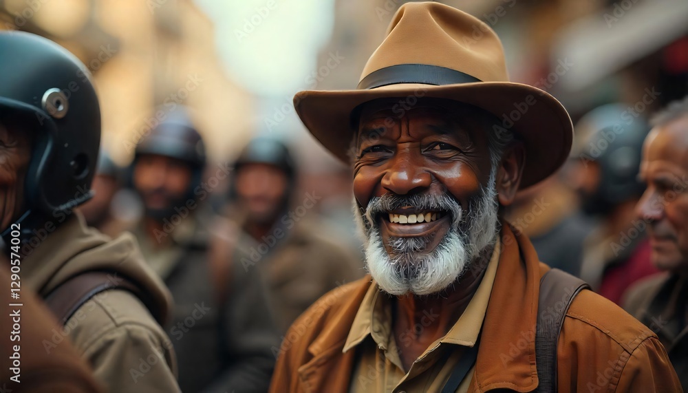 Happy Elderly African Man Smiling in Crowd Wearing Brown Hat Happy Elderly African Man Smiling in Crowd Wearing Brown Hat