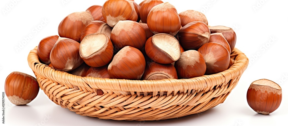 Bountiful pile of hazelnuts in a round woven basket on a white background with a few scattered nuts showcasing their smooth brown shells. Bountiful pile of hazelnuts in a round woven basket on a white background with a few scattered nuts showcasing their smooth brown shells.
