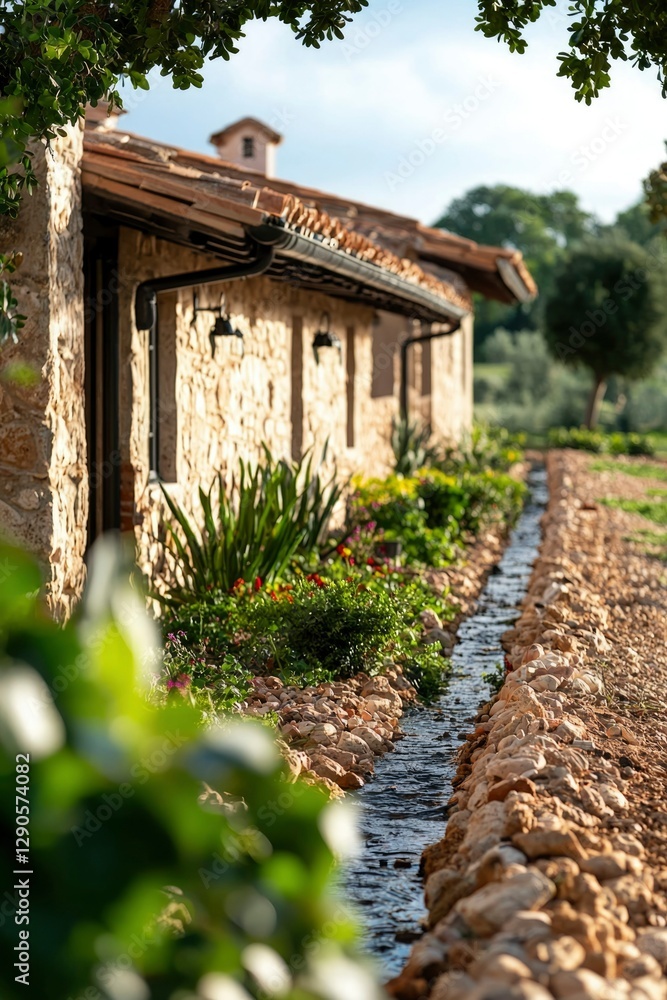 Stone house, water canal, flowerbed. Idyllic outdoor landscape. Nature scenery Stone house, water canal, flowerbed. Idyllic outdoor landscape. Nature scenery
