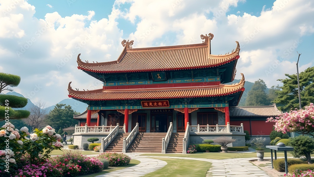 Traditional Chinese temple with ornate roof in a serene garden Traditional Chinese temple with ornate roof in a serene garden