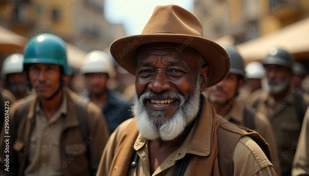 Smiling Senior Man in Brown Hat Amidst Uniformed Crowd City Street Scene Smiling Senior Man in Brown Hat Amidst Uniformed Crowd City Street Scene