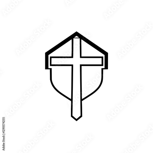Cross symbol over architectural structure. A minimalist, conceptual design, demonstrating faith and structure.