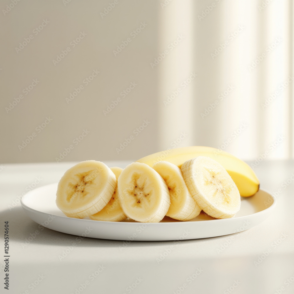 Fresh banana slices on white plate with whole banana in background, showcasing vibrant colors and textures. Perfect for healthy snacks or breakfast ideas Fresh banana slices on white plate with whole banana in background, showcasing vibrant colors and textures. Perfect for healthy snacks or breakfast ideas