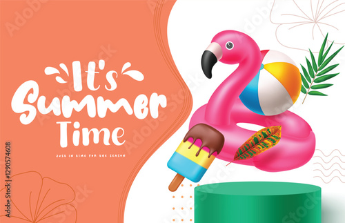 Summer time podium clipart poster design. Summer time greeting text in orange and white abstract background for tropical holiday product display presentation clip art vector illustration.
