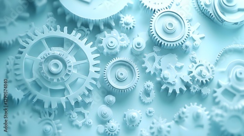 Intricate Light Blue Gears and Cogs Arrangement for Mechanism and Design