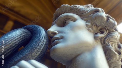This captivating sculpture captures the essence of classical artistry, enhanced with a surreal twist as it depicts a figure entwined with a serpent, blending beauty and danger.