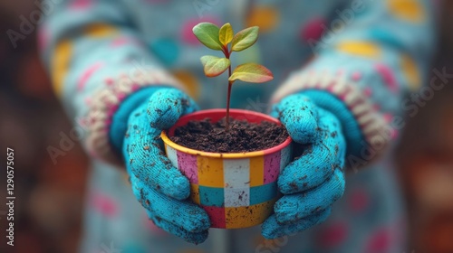 Child's hands holding small plant in colorful pot outdoors