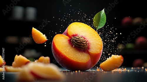 Close up of a peach with a leaf on it. The peach is cut in half and has a sprinkle of sugar on it. The image has a playful and whimsical mood, as if the peach is about to burst open photo