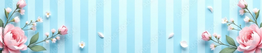 Naklejka premium Light blue vertical stripes, delicate floral accents , light blue, print, design