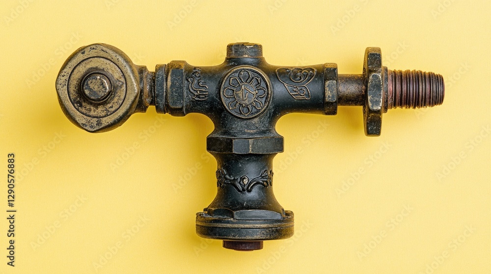 Old-fashioned brass valve with intricate engravings on a deep yellow background Old-fashioned brass valve with intricate engravings on a deep yellow background