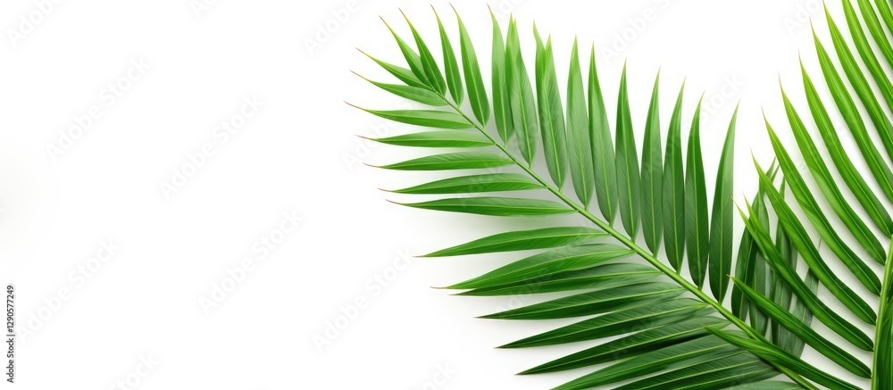 Lush green palm leaf positioned diagonal on the right side against a clean white background showcasing vibrant textures and details of foliage Lush green palm leaf positioned diagonal on the right side against a clean white background showcasing vibrant textures and details of foliage