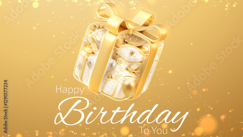 Birthday greeting card template with transparent gift box Golden balloons and ribbons decorated with glowing lights and bokeh effects on a golden background.