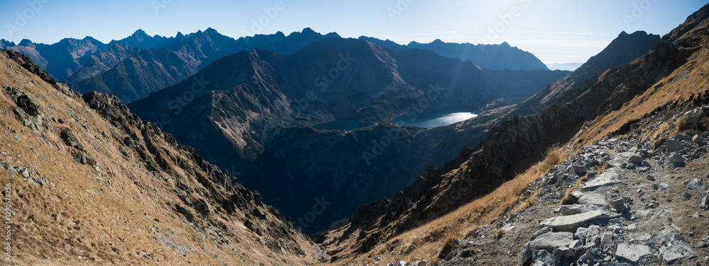 Travel along a marked mountain trail in the High Tatras. Landscape of high mountains.