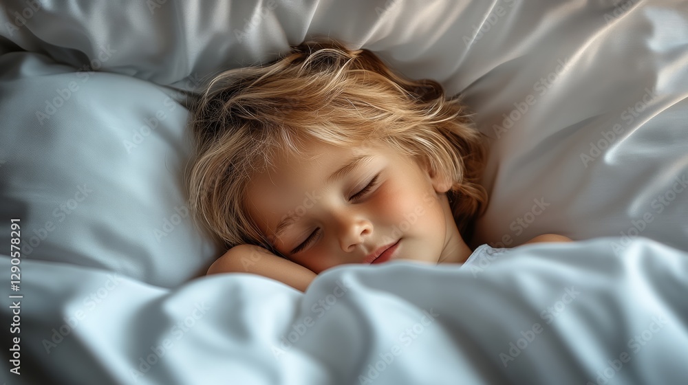 Young child is sleeping in a bed with a white sheet. The child is wearing a white shirt and has blonde hair Young child is sleeping in a bed with a white sheet. The child is wearing a white shirt and has blonde hair