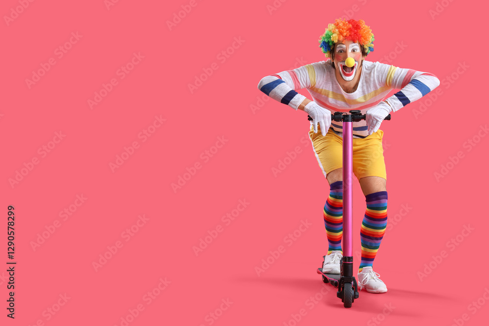 Portrait of clown riding kick scooter on red background. April Fool's day celebration Portrait of clown riding kick scooter on red background. April Fool's day celebration