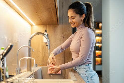Obraz na plátně Smiling woman washing glass and doing dishes in kitchen.