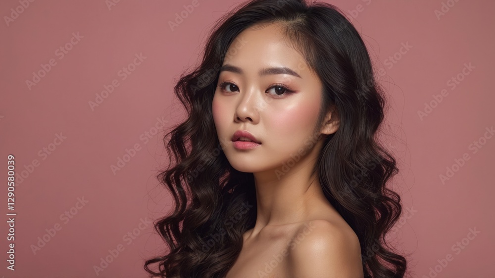 Fototapeta premium Stunning Asian Woman with Long Curly Hair and Soft Makeup