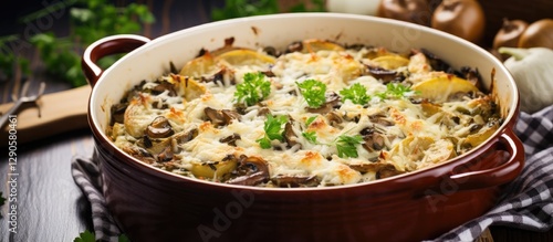 Delicious baked gyros casserole featuring golden-brown layers of noodles, onions, and cheese topped with fresh green parsley in a rustic dish.