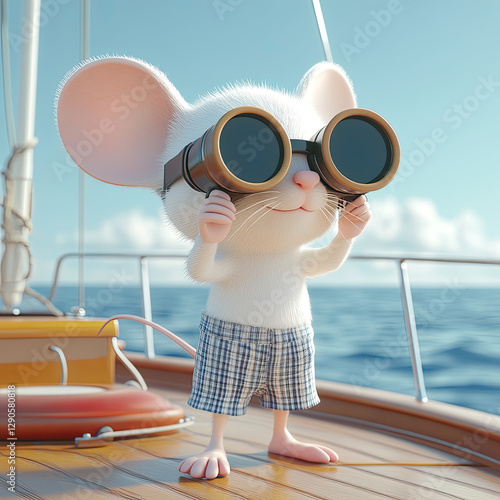 3D funny cheerful cartoon mouse resting on a yacht, isolated, against the background of the sea. Character, illustration, print on fabric, clothing, paper, plastic products, porcelain, ceramics, banne
