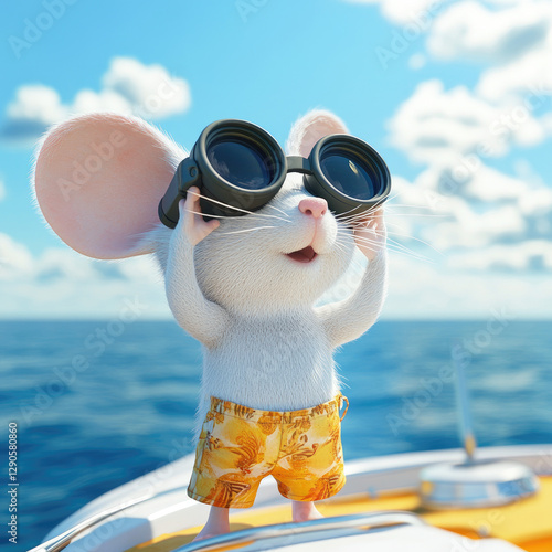 3D funny cheerful cartoon mouse resting on a yacht, isolated, against the background of the sea. Character, illustration, print on fabric, clothing, paper, plastic products, porcelain, ceramics, banne
