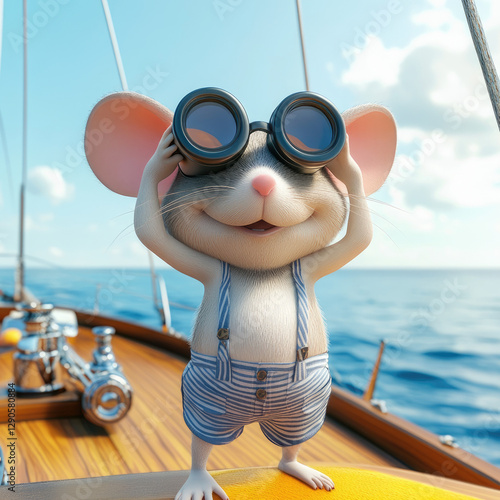 3D funny cheerful cartoon mouse resting on a yacht, isolated, against the background of the sea. Character, illustration, print on fabric, clothing, paper, plastic products, porcelain, ceramics, banne