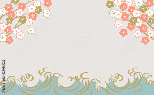 海のある景色　桜　波背景イラスト