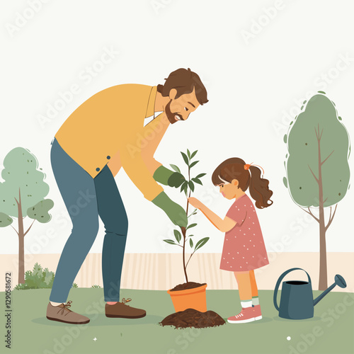 A father is planting a tree with his daughter