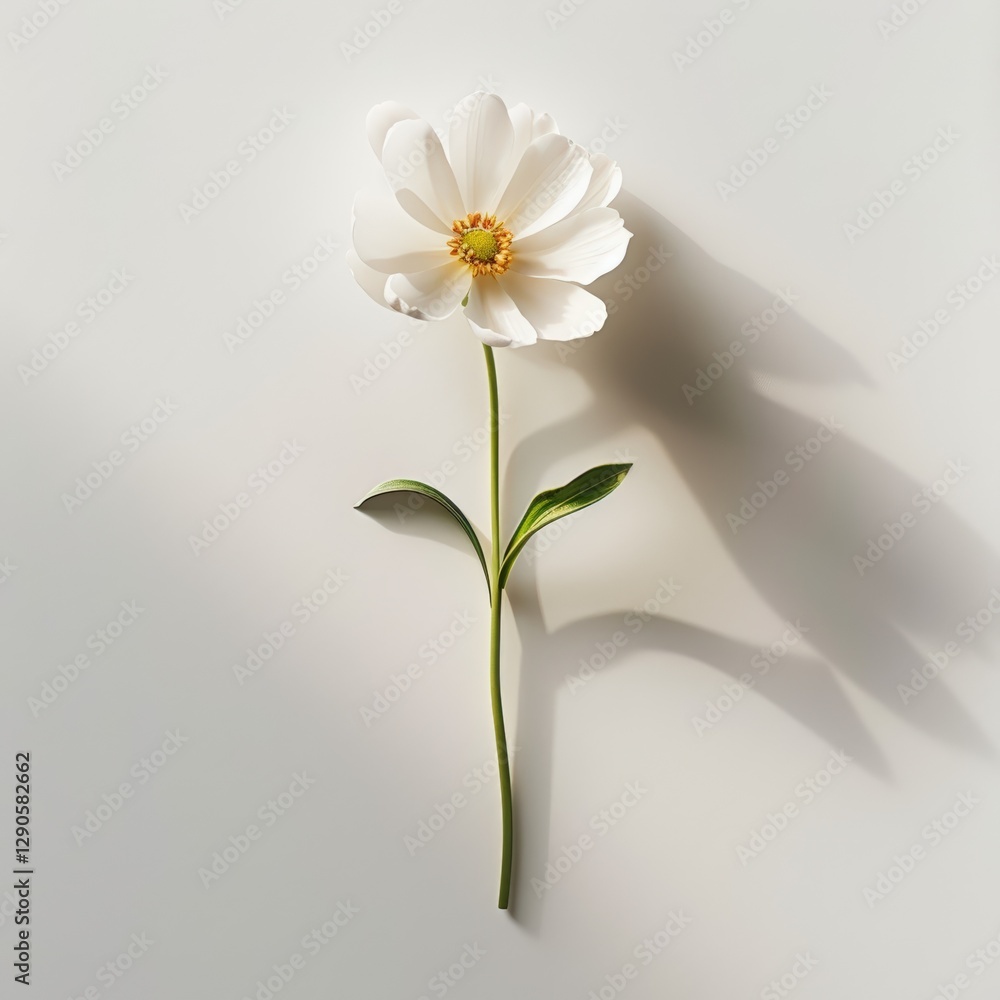 White Flower With Green Stem and Shadows on Minimal Background White Flower With Green Stem and Shadows on Minimal Background