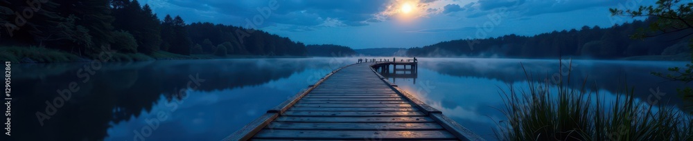Fototapeta premium Moonlit lake path, wooden planks reflect starlight, reflection, wood, planks