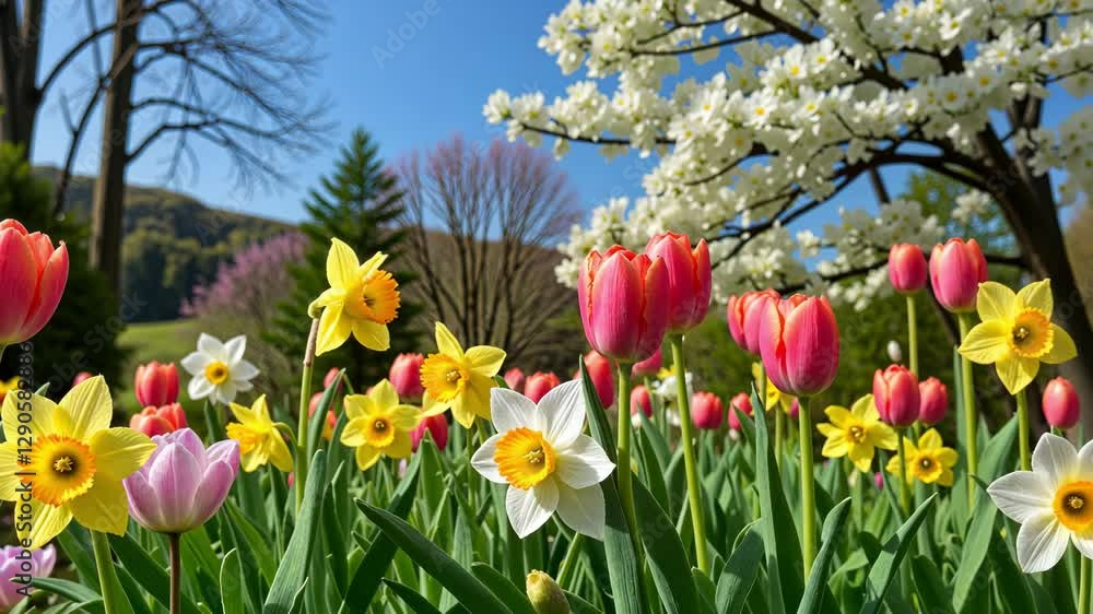 Vibrant spring garden filled with colorful tulips and daffodils ...