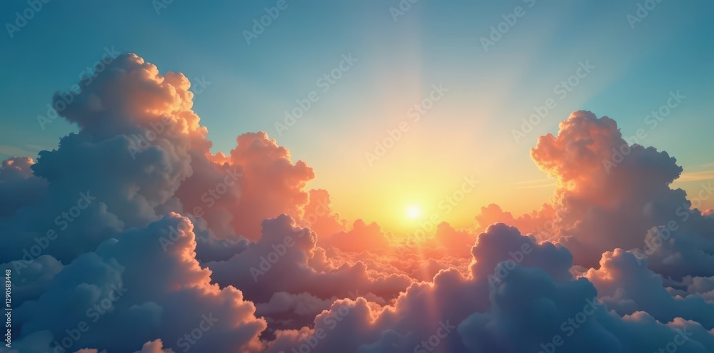 Blazing sunset casts long shadows on billowing cumulus clouds, filling the vast blue sky , nature, evening Blazing sunset casts long shadows on billowing cumulus clouds, filling the vast blue sky , nature, evening
