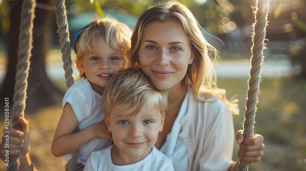 Happy Mother and Two Young Children Enjoying a Swing in a Sunny Park Happy Mother and Two Young Children Enjoying a Swing in a Sunny Park