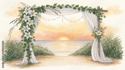 hand painted watercolor wedding arch adorned with flowers, set against serene beach sunset. soft colors and floral details create romantic atmosphere