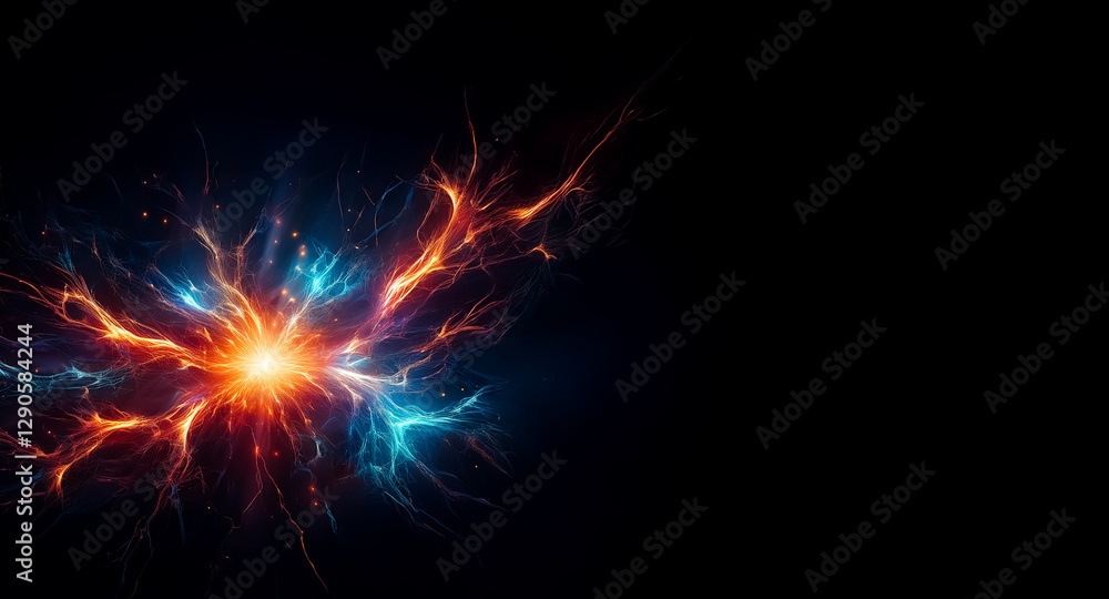 Fototapeta premium A vibrant burst of energy erupts against a dark backdrop. Glowing tendrils of orange and blue radiate outwards from a central point of light.