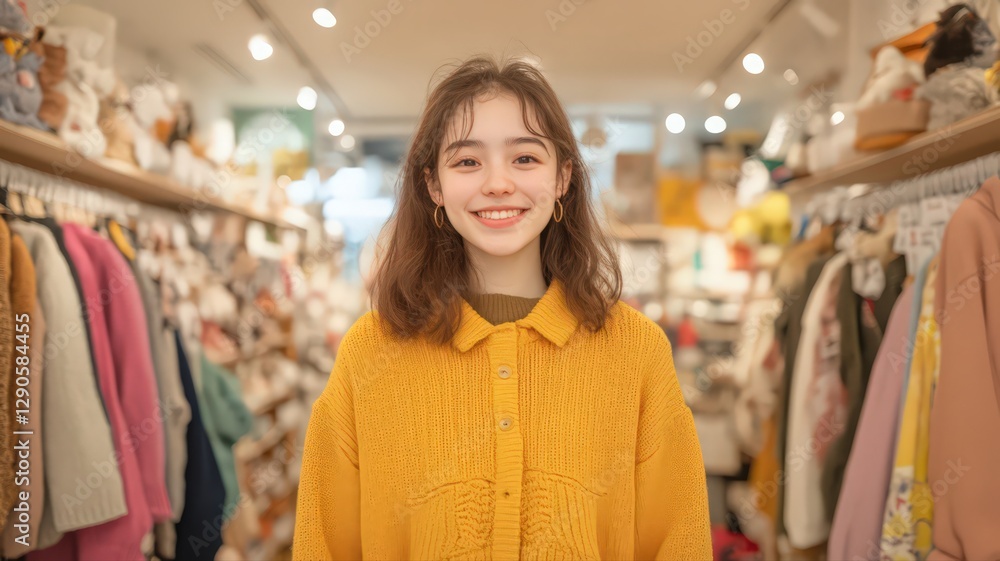 Smiling Young Woman in Yellow Sweater at Clothing Store Smiling Young Woman in Yellow Sweater at Clothing Store