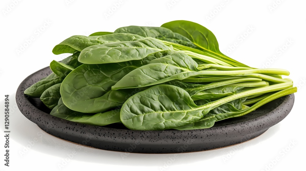 fresh spinach leaves on a black plate isolated 