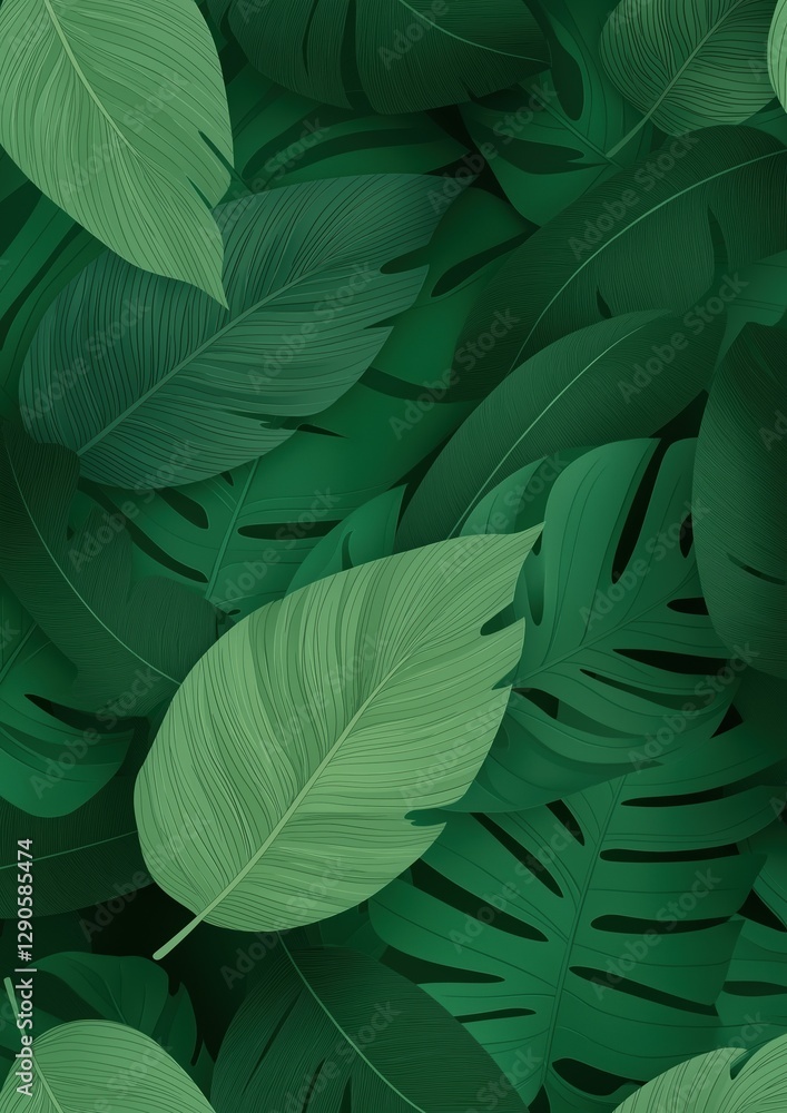 Seamless pattern of large, green leaves. the leaves are arranged in a repeating pattern, with each leaf having a unique shape and size. Seamless pattern of large, green leaves. the leaves are arranged in a repeating pattern, with each leaf having a unique shape and size.