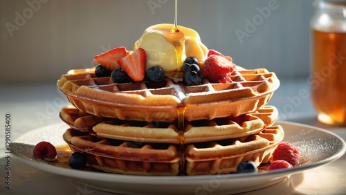 A stack of golden-brown waffles topped with a scoop of melting butter, fresh strawberries, blueberries, and raspberries, drizzled with syrup. The image captures a delicious breakfast