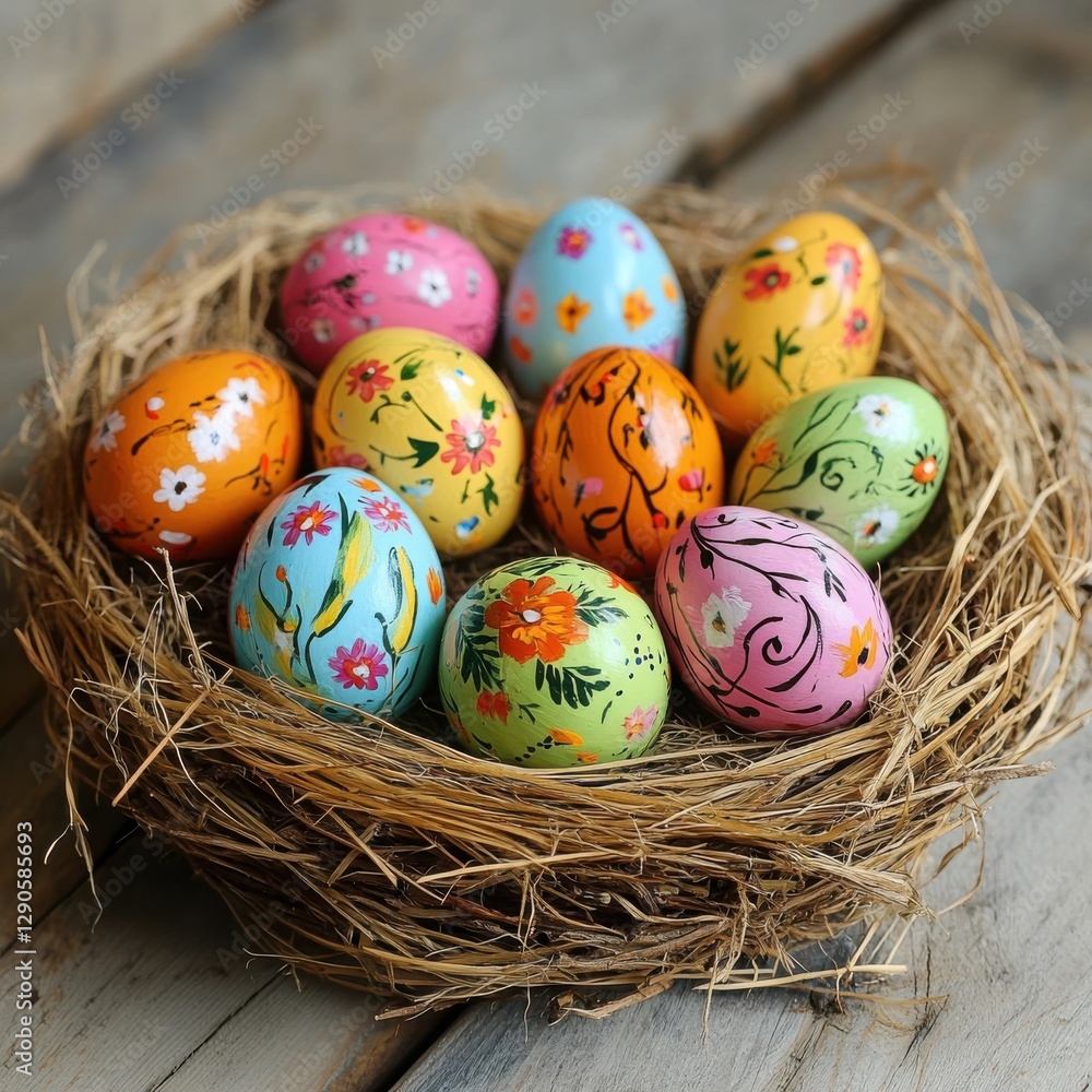 Fototapeta premium Decorative Easter eggs in grass nest with wooden backdrop