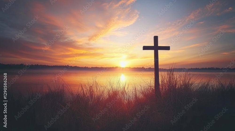 Serene Sunset Over Water with Cross Silhouette and Grassy Shoreline Serene Sunset Over Water with Cross Silhouette and Grassy Shoreline