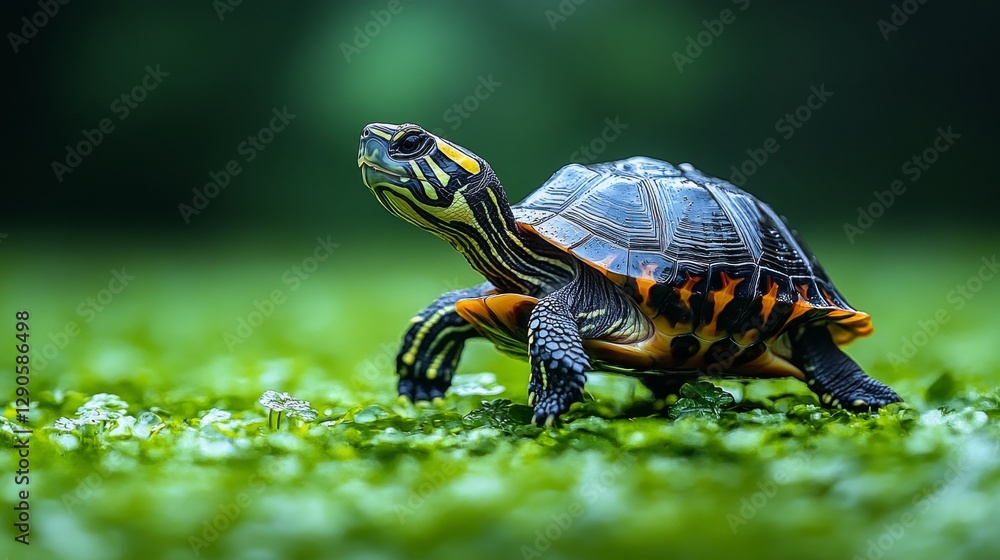Vibrant Painted Turtle on Lush Green Moss Vibrant Painted Turtle on Lush Green Moss