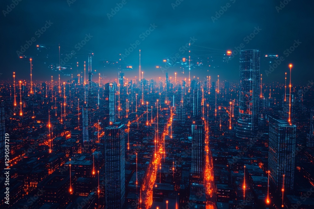 Vibrant city skyline illuminated by glowing lights and digital elements at dusk Vibrant city skyline illuminated by glowing lights and digital elements at dusk