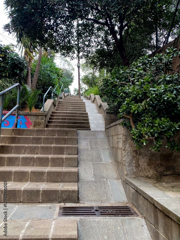 Urban staircase with ramp flanked by lush greenery, sustainable city design, walking path in nature
