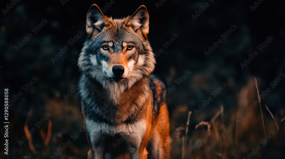 Cinematic wolf standing in field at night, showcasing its striking features and intense gaze. atmosphere is mysterious and captivating, highlighting beauty of wildlife Cinematic wolf standing in field at night, showcasing its striking features and intense gaze. atmosphere is mysterious and captivating, highlighting beauty of wildlife
