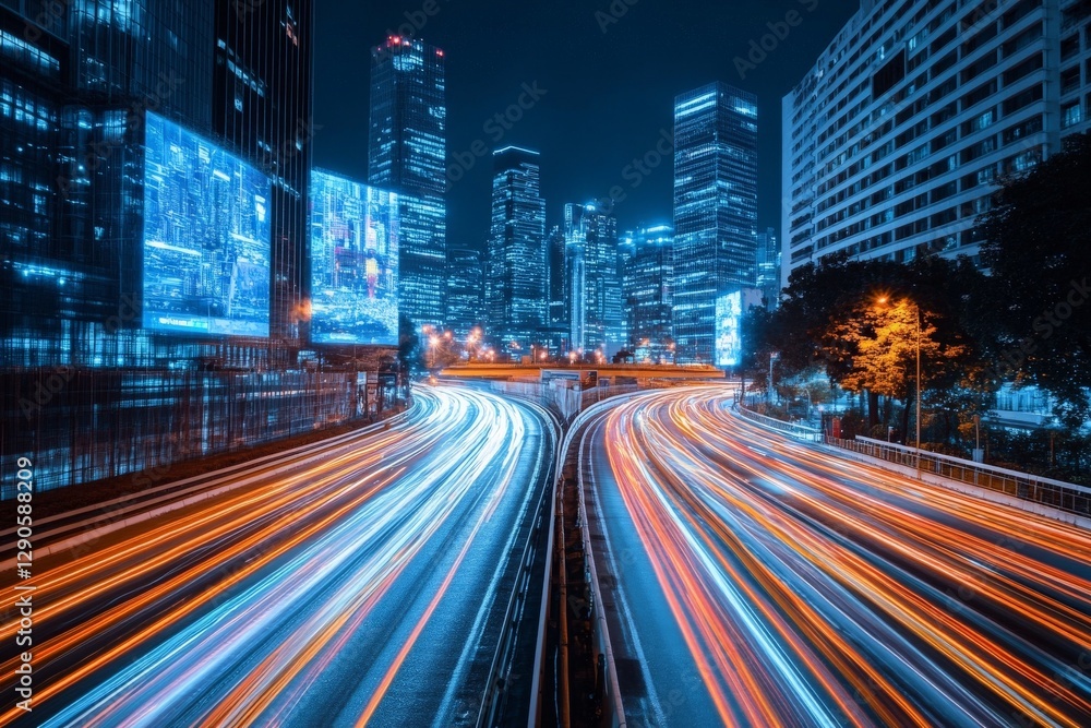 Naklejka premium Vibrant city lights illuminate a busy highway at night in a modern urban landscape