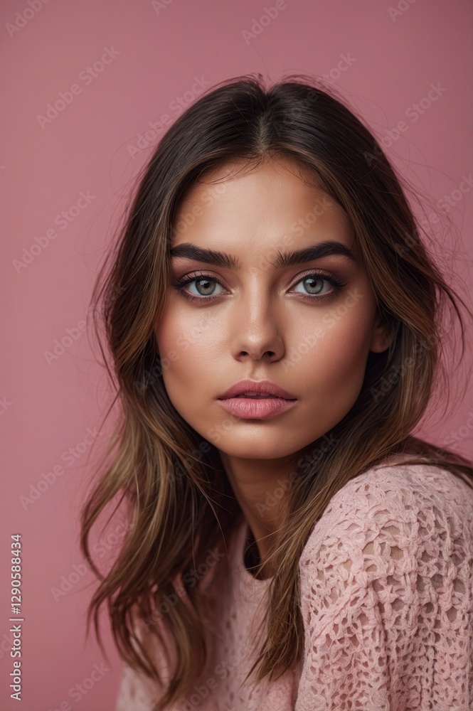 Fototapeta premium Stunning Woman with Brown Hair and Makeup Pink Background